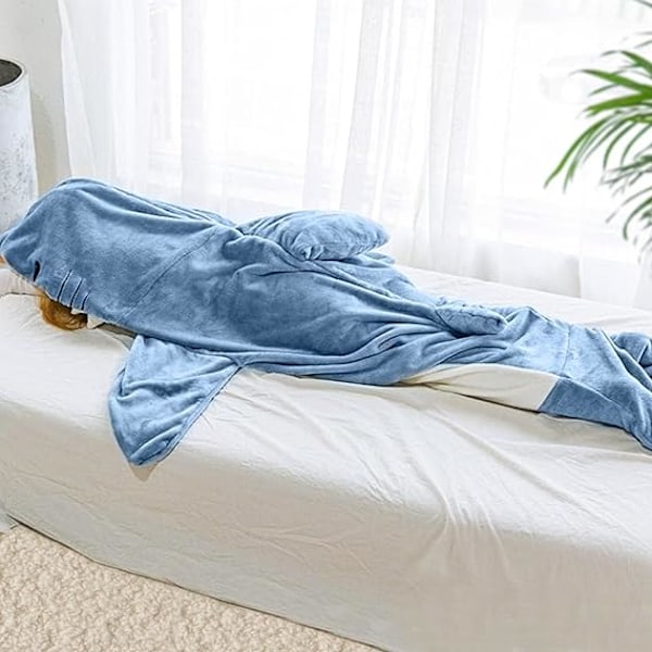 Haj-filt-hoodie-onesie för vuxna och barn, mysig flanell hajdräkt hajsovsäck *H