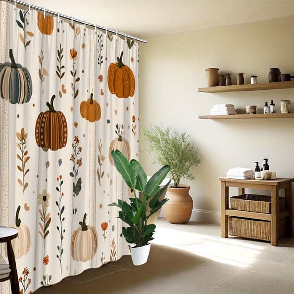 Efterår Græskar Blomster Bruseforhæng Bondegårdsstil Polyester 70,8 X 70,8 Tommer Med 12 Kroge Vaskbar Badeværelsesindretning 70*70in