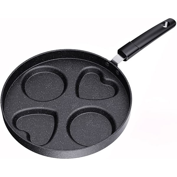 9,7\" 4-Hulls Stekepanne Non-Stick, Hjerteformet Pannekakepanne, Frokost Egg Stekepanne Egnet for Gasskomfyr og Induksjonskomfyr (Svart)