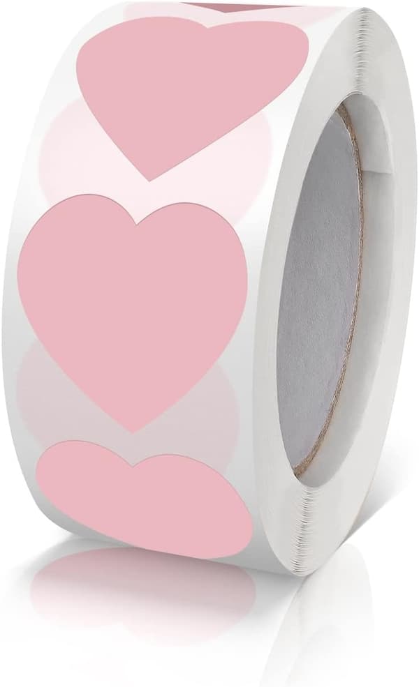 500-pak 1 tomme rosa hjerteformede klistremerker til Valentinsdag, konvolutter, esker, gavekort