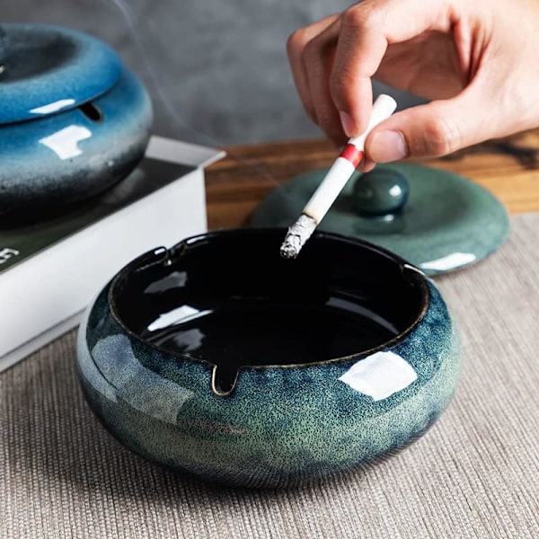 5.7" Windproof Large Ashtray with Cover, Ceramic Ashtray, Indoor Ashtray, Outdoor Ashtray, Gift Box (Green)