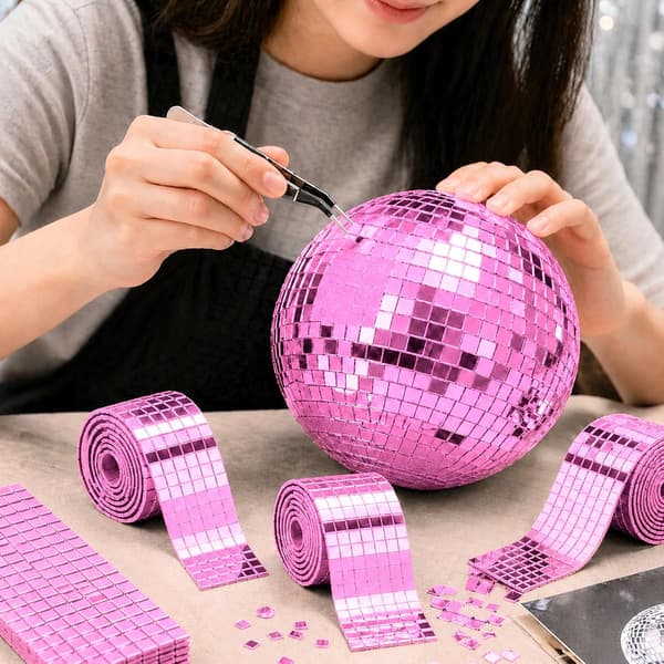4800 stk Mosaikkfliser Speilfliser Selvklebende 3 Ruller Rosa | 5x5mm Speilmosaikk Selvklebende Diskokule Selvklebende Strips