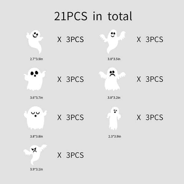 Halloween Ghost Wall Stickers 21 Pcs 3D Cute Stickers, Reusable Self-Adhesive White Ghost Wall Decals, Party Supplies