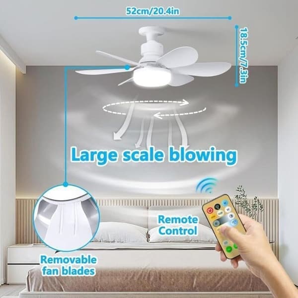 Stille 52 cm loftventilator med E27-pære, 6 blade, 40W, 3 hastigheder - Hvid