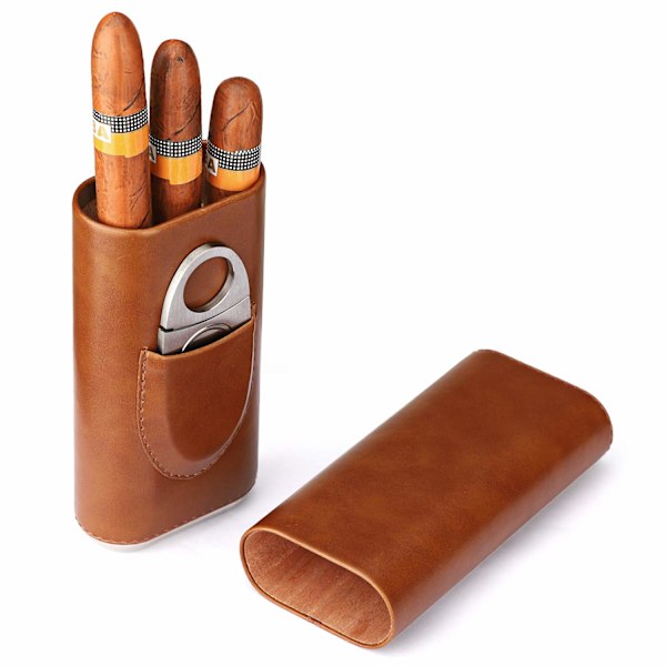 Højkvalitets brun læder cigar etui til 3 cigarer Cigar luftfugter{HH}