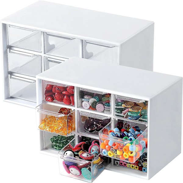 2-pak Craft Box Opbevaring med 9 Skuffer - Skrivebords Opbevaringsorganisator Minibokse til Håndværk Smykker Kosmetik Kunst Sytilbehør med 9 Skuffer with 9 Drawers White