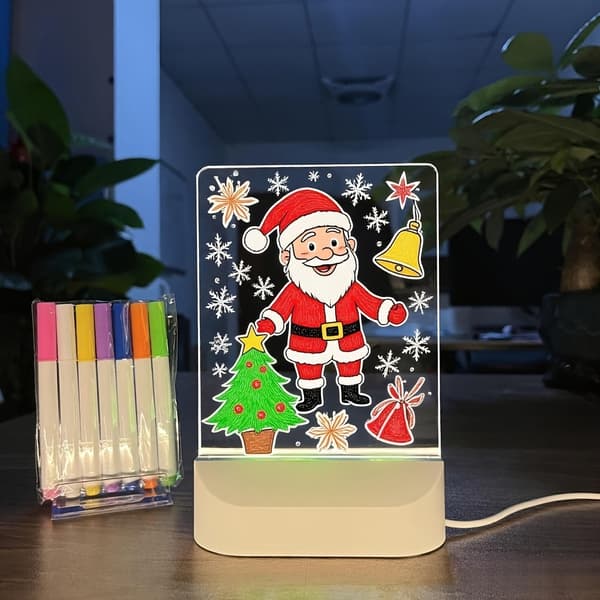LED Memotavle med 7 Penner USB Nattlys Gave Round 7pcs Pen