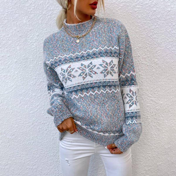 Damtröja Winter Chic Pullover Jacquard Christmas Snowflake Sweater med rund hals M