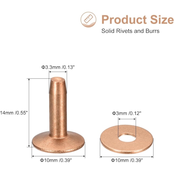 10 set kopparnitar och brickor, 10x3,3x14mm solida läderkopparnitar för läder DIY hantverkstillbehör, kopparton