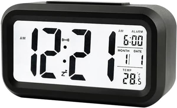 Digital vekkerklokke med LED-display, temperatursensor, smart lysstyrkekontroll, svart