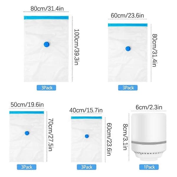 12 kpl tyhjiövarastopusseja sähköpumpulla (3xJumbo, 3xLarge, 3xMedium, 3xSmall) - Tilaa säästävä vaatteille, vuodevaatteille ja matkustamiseen