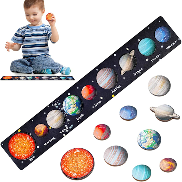 Montessori Trælegetøj til 3-årige drenge og piger, Træpuslespil med Solsystemet til småbørn, Lærende Uddannelsesmæssigt Rumlegetøj til småbørn Planetlegetøj