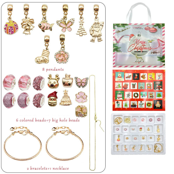 Pink/Guld Julekalender med 24 Dages Nedtælling Blind Box Håndlavet Julekalender DIY Kit Julegave Smykker Xmas Gift 2