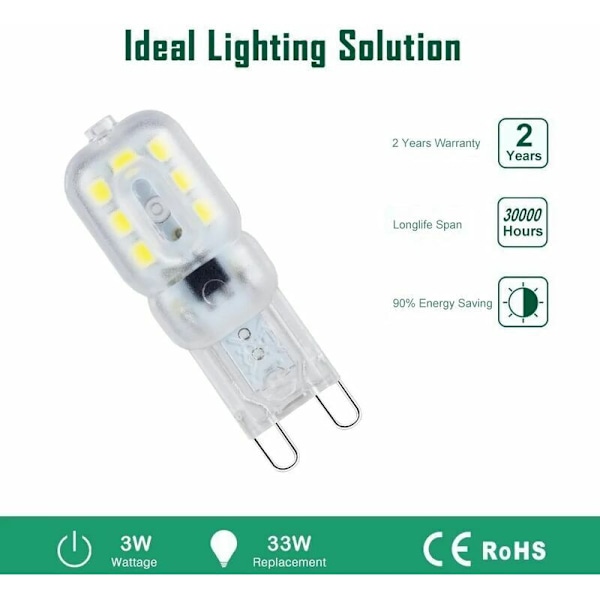 G9-lampa kallvit 6000K G9 LED 3W motsvarande en 33W halogenlampa AC 220V - 360° strålvinkel 6st