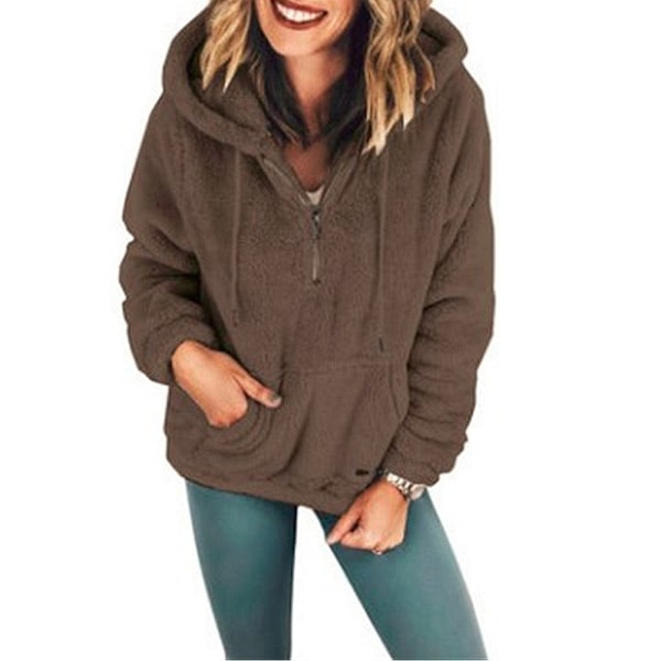 Dam Hoodie med Halv Zip, Plysch, Fickor, Khaki Khaki khaki pp