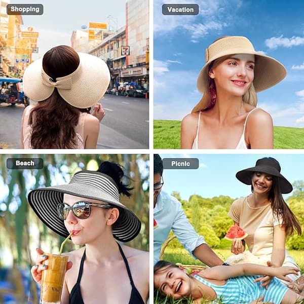 Sammenfoldelig stråsolhat med bred skygge til kvinder, sommerstrand, off-shoulder solbeskyttelse, beige