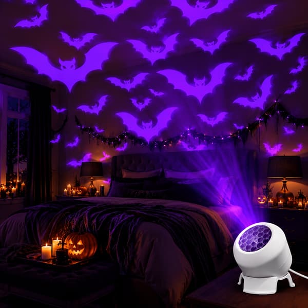 Dynamisk fladdermusprojektorlampa USB-driven 360 roterbar projicerar lila fladdermusväggmönster för sovrum vardagsrum skräckfester Halloween-dekor Bat