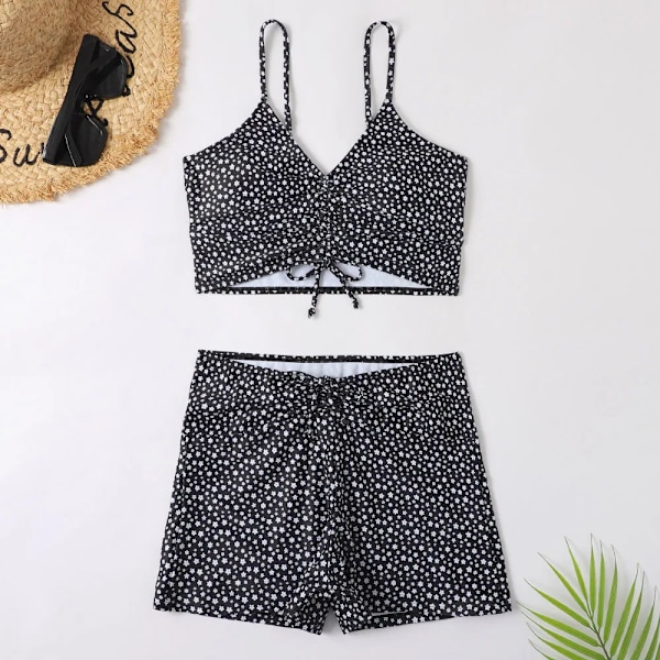 Højtaljet bikini til kvinder med push-up effekt og blomstermønster Sort{hh] Black M