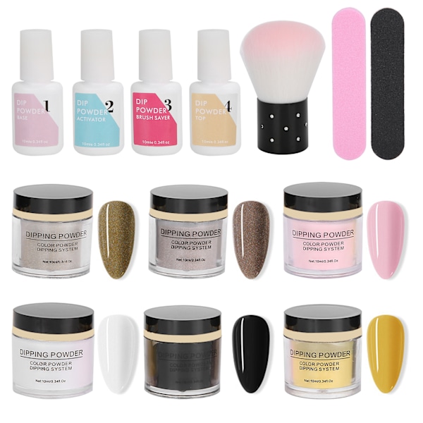 Nageldippningspulver Set Nagelkonst Pulver Topp Baslack Gel Dammborste Manikyrverktyg SetK1215