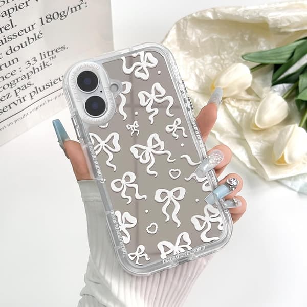 Compatible with iPhone 16 Case Cute Mirror Bow Love Heart Pattern for Women Girls Strap Design Shockproof Protective Phone iPhone 16