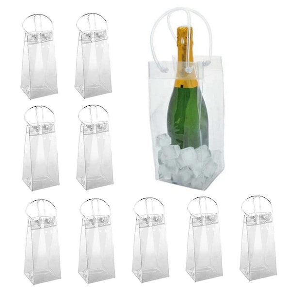 10-pak Vin Køletaske Is Pose Gennemsigtig PVC Bærbar Vinflaske Køletaske Champagne Is Pose med Håndtag{HH} transparent