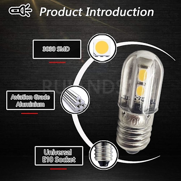 E10 LED Pære 220v 230v AC Energibesparende LED Indikatorlys 8mm Skruebase 3030 4smd LED Chipset Opgraderingspære, Varm Hvid (4-pak) {HH}