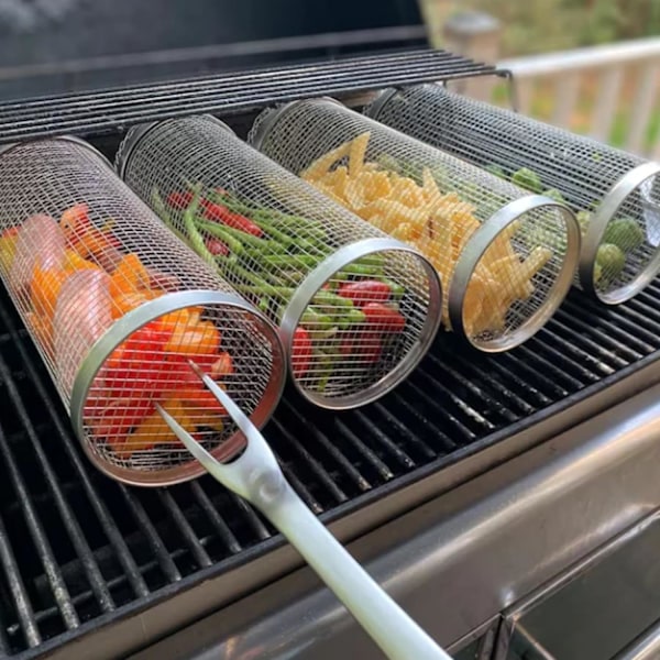 Ny 2024 Rullegrillkurv i Rustfrit Stål - Bærbar 12 tommer Grillværktøj til Udendørs Madlavning. Non-Stick Grøntsagsgrillkurv. 30x9cm