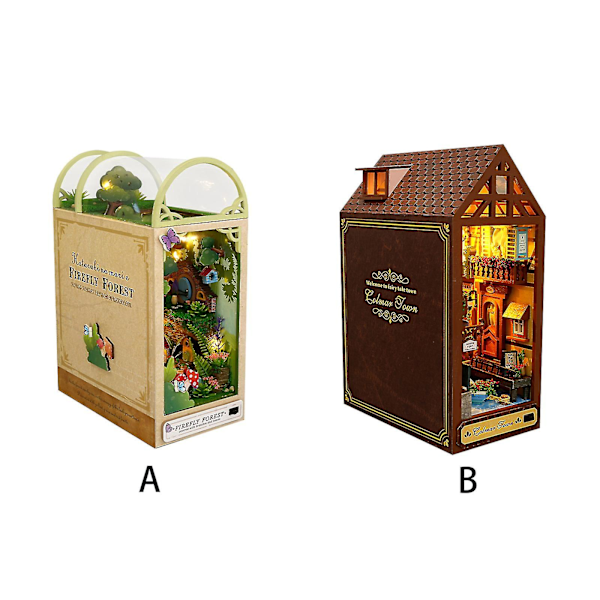 Bokhjørne Miniatyr Dukkehus Kit, DIY 3D Trepuslespill Bokstøtter for Bokhyller Innredning med LED-lys, Kit Håndverk for Tenåringer Voksne