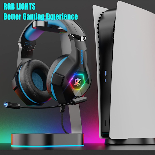 Gaming Headset PS5 PS4 Headset med 7.1 Surroundljud, Gaminghörlurar med Brusreducerande Flexibel Mikrofon RGB LED-ljus Memory Ea{HH}