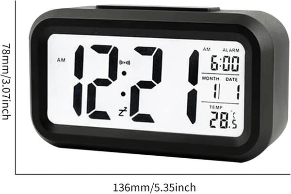 Digital vekkerklokke med LED-display, temperatursensor, smart lysstyrkekontroll, svart