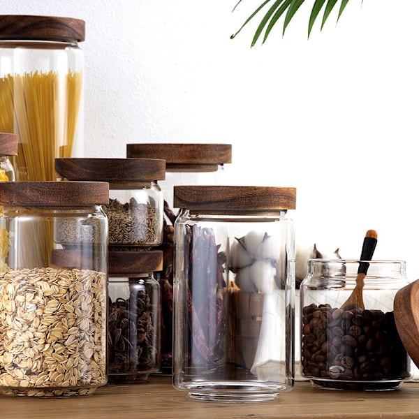 Lufttett Glasskrukke Klare Krukker Kornbeholdere Matlagringsflasker Kaffe Te Oppbevaringskrukke med Trelokk