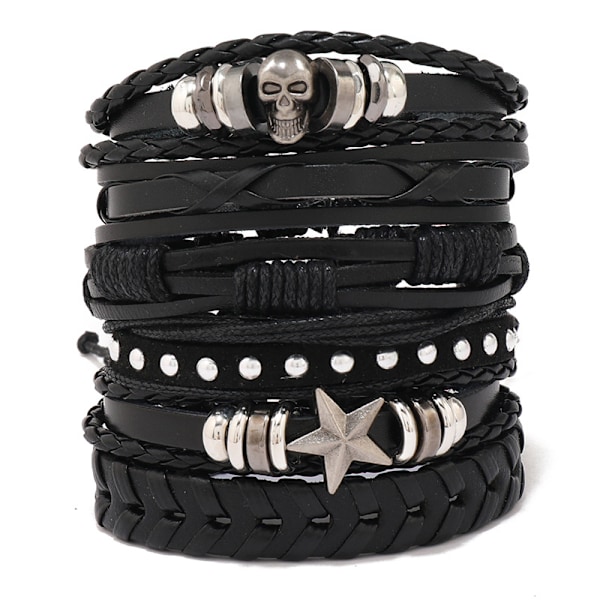 Set med 6 läderarmband svart brun flätade breda armband kvinnor män punk smycken dödskalle