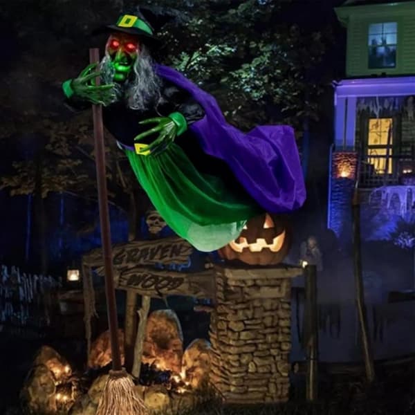 Halloween-dekorasjon Flygende Heks – 180 cm med Lyd- og Bevegelsessensor for Hage og Innendørs
