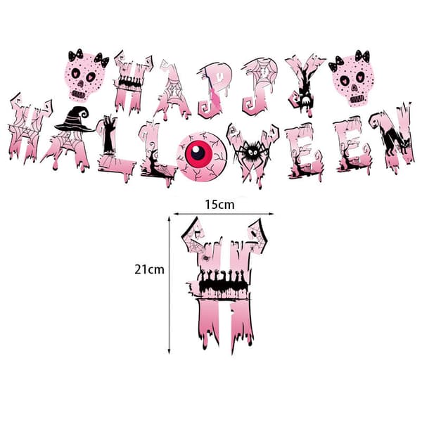 Pink Skull Ballon Halloween Temafest Sort Kat Banner Træk Flag