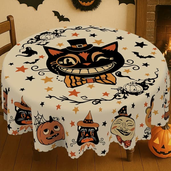 Halloween Dug Rektangulær Polyester Print Spøgelse Græskar Kat Flagermus Orange Gul Fest Spisestue Køkken Dekoration Round-70in (180cm)