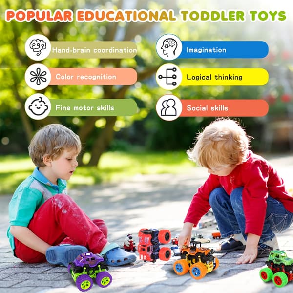 Inertidrevne monstertrucks til 3 år og opefter, Push & Go, tovejsbiler med 360° spin, robust pull-back køretøjssamling Random Color 1pc