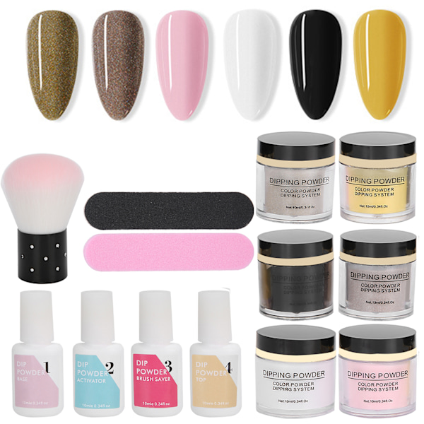 Nageldippningspulver Set Nagelkonst Pulver Topp Baslack Gel Dammborste Manikyrverktyg SetK1215