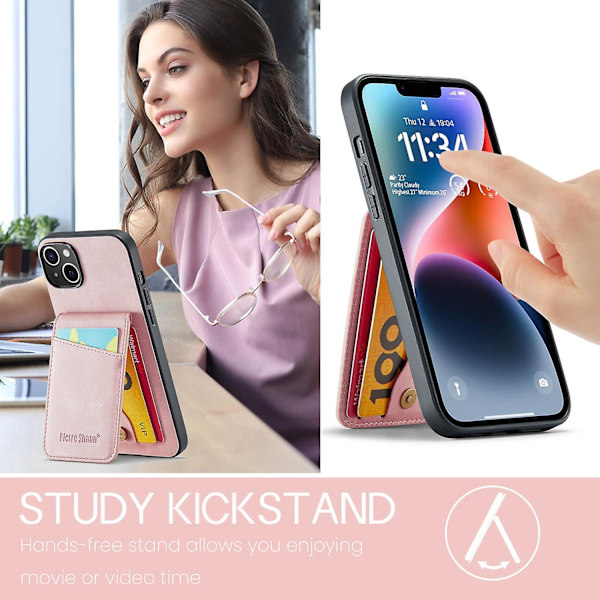 FIERRE SHANN Korthållare Telefonfodral för iPhone 13 RFID-blockering PU Läder+TPU Ställskydd Pink