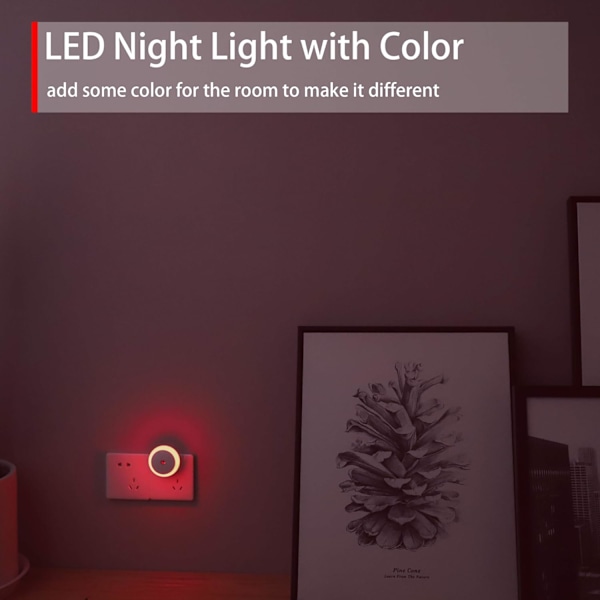 Rød natlampe, LED natlampe med kontakt, rund, lyssensor