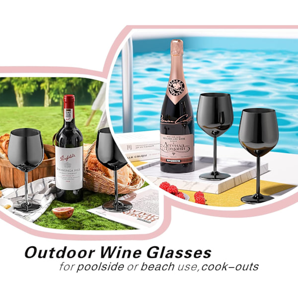 Vinglas Set om 4, 53 cl Rostfria Vinglas, Okrossbara & Portabla Vinglas i Metall med Fot för Utomhusbruk, Resor, Camping och Pool Black