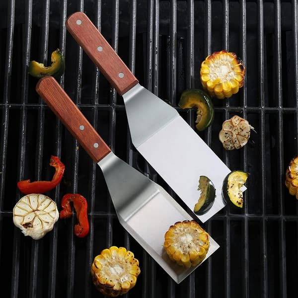 Spatel i rustfrit stål, kraftig grillvender med træhåndtag til teppanyaki BBQ steak pizza
