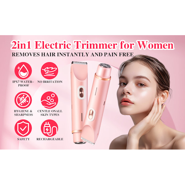 2-i-1 Bikini Trimmer Elektrisk Barbermaskin for Kvinner, Vanntett, Hårfjerning for Barbering av Ben, Armer, Underarmer Ansikt Rosa, Dobbelthode Blue