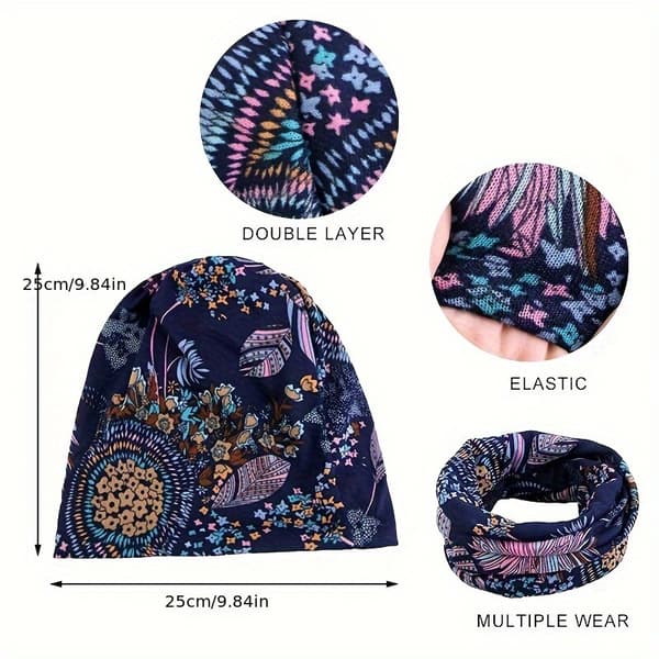 4 stk. Boheme Blomster Beanie Sæt - Blød Strækbar Kemoterapi Hovedbeklædning til Kvinder, Grå/Rød/Blå/Sort Efterår Vinter Hatte 4 Pieces