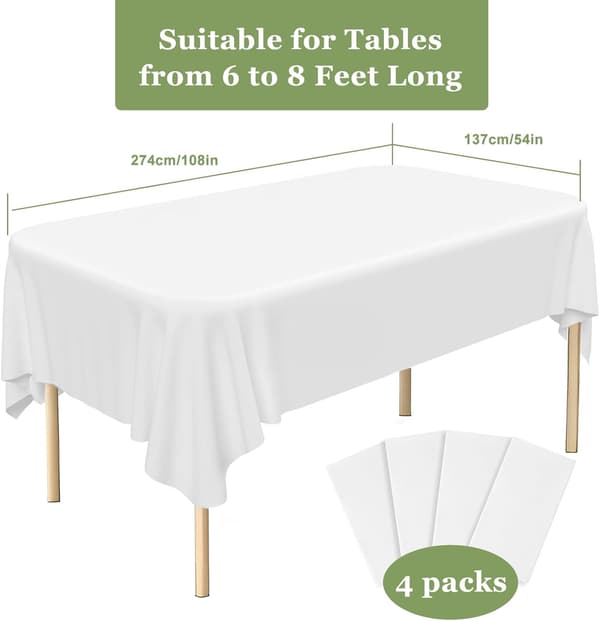 Engangs hvit duk 4 stk - Vanntett - Rektangulær for bryllup, fest, barnebursdag, jul (137 x 274 cm)