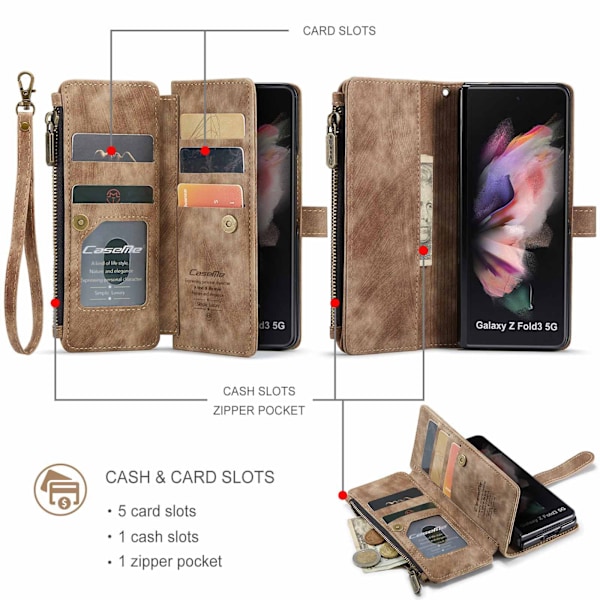 För Samsung Galaxy Z Fold 3 Skal, Nyaste Retro Plånboksfodral med Kortfack, Multifunktionellt Fodral med Magnetiskt Ställ Rem Dragkedja{HH}