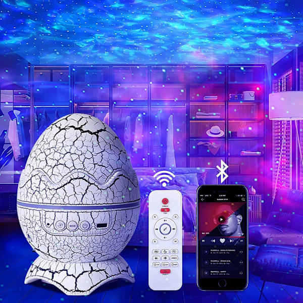 Dinosaur Egg Galaxy Stjerneprojektor Stjernelys med Trådløs Musikkspiller, Nattlys med Hvit Støy, Nebula, Timer &