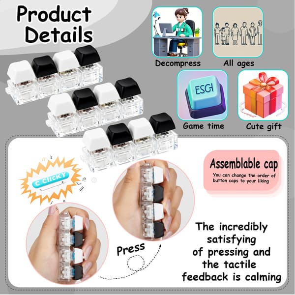 Keyboard Fidget Nyckelring, 3-pack 4-i-1 Clicker, Fingerdekompression, Stresslindring, Alla hjärtans dag-present, Bärbar Tyst, Barn Kvinnor Black White