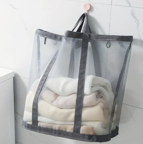 Foldbar Vasketøjskurv med Bred Åbning, Åndbart Mesh, Sammenklappelig Opbevaringsboks, Vægmonterbar Grå