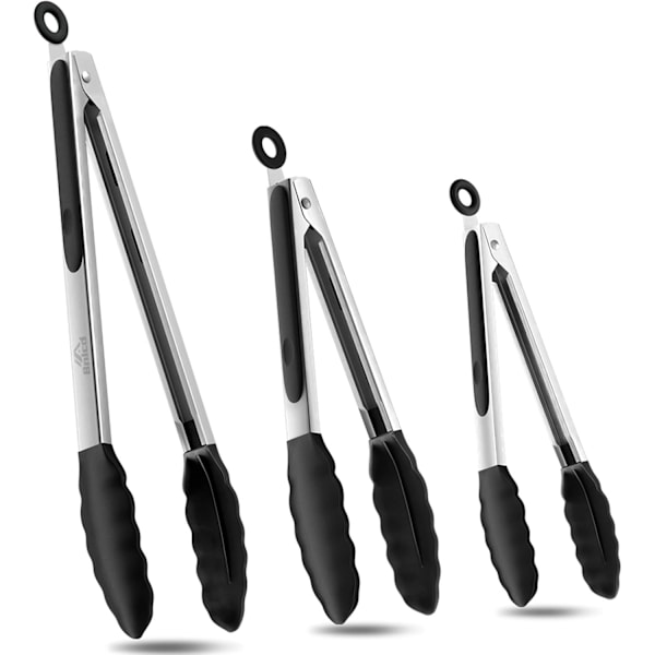 Kitchen Tongs, Premium Stainless Tongs with Silicone Tips, Non-Slip Food Tongs for Cooking, Heavy Duty, Non-Stick, 480℉, Set of 3-7" 9" and 12" Black