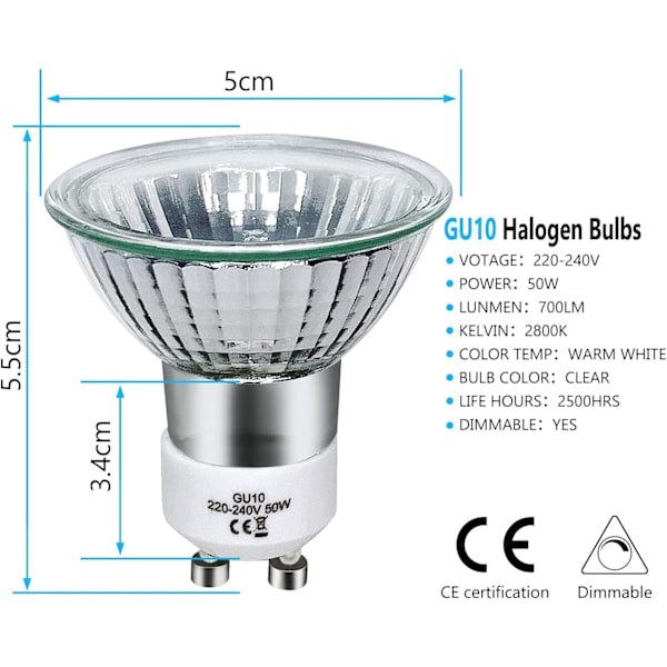 GU10 halogenlampe 50W dimbar, 220V GU10 halogenlampe 2 pinner, 2800K varmt hvitt lys, 700 lumen - Perfet{HH}